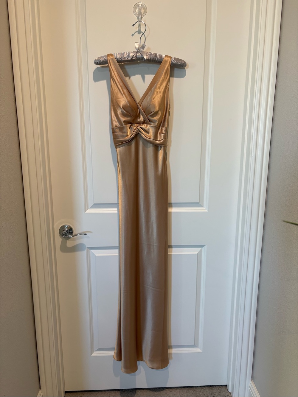 Allure Noir Champagne Gold Twist-Front Satin Maxi Dress